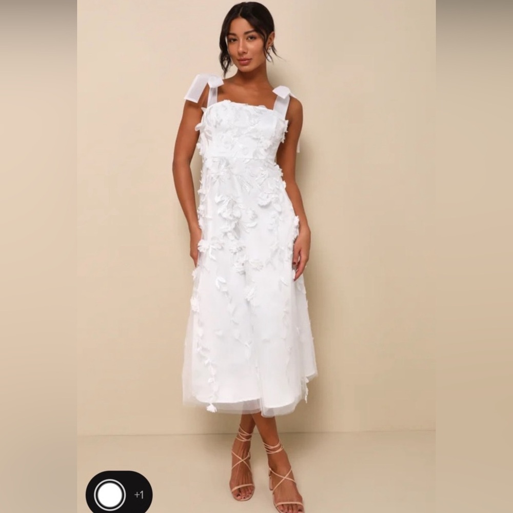 White Tulle 3D Floral Tie-Strap Midi Dress